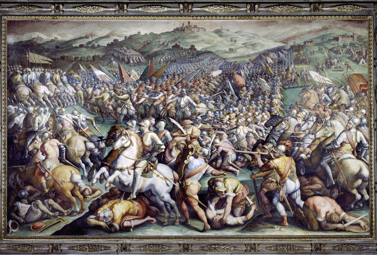 Scannagallo-i csata Valdichianában (Val di Chiana). Giorgio Vasari és műterme (1511-1574) freskója. Palazzo Vecchio (Salone dei Cinquecento) alkotó: Giorgio (and workshop) Vasari