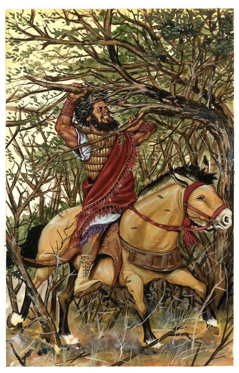 Absalom (vagy Avshalom, Absalom), Dávid fiának ábrázolása, Efraim erdejében, haját egy tölgyfa ágai közé szedik. alkotó: Giorgio Albertini