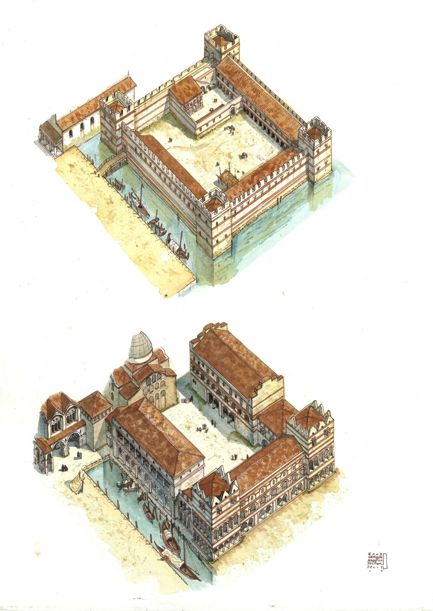 Légi felvétel a velencei Szent Márk téren álló dózsepalota (vagy hercegi palota vagy Palazzo Ducale) építési fázisairól a 7. és 12. században. Olaszország alkotó: Giorgio Albertini