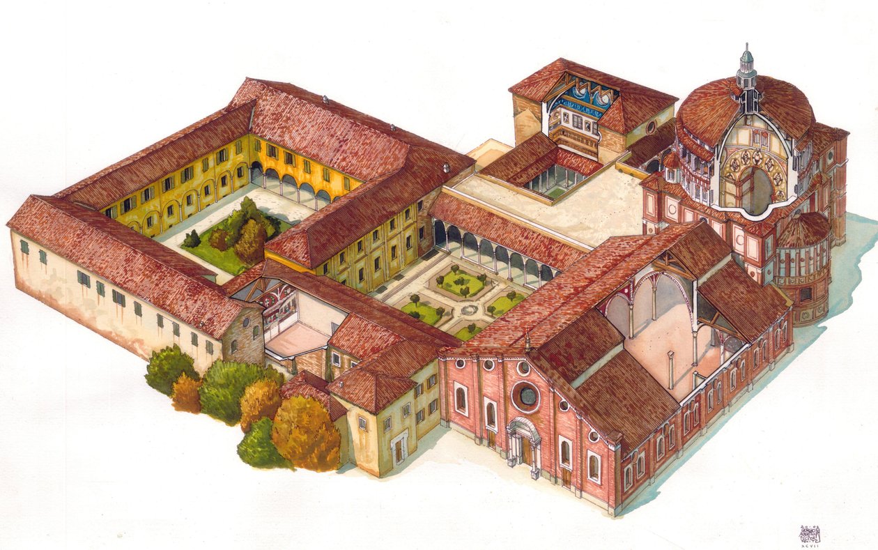 A Santa Maria delle Grazie templom légi látképe, amelyet 1463-ban alapítottak a domonkosok, Milánóban, Olaszországban. A refektóriumban látható Leonard de Vinci cénája (Cenacolo). alkotó: Giorgio Albertini