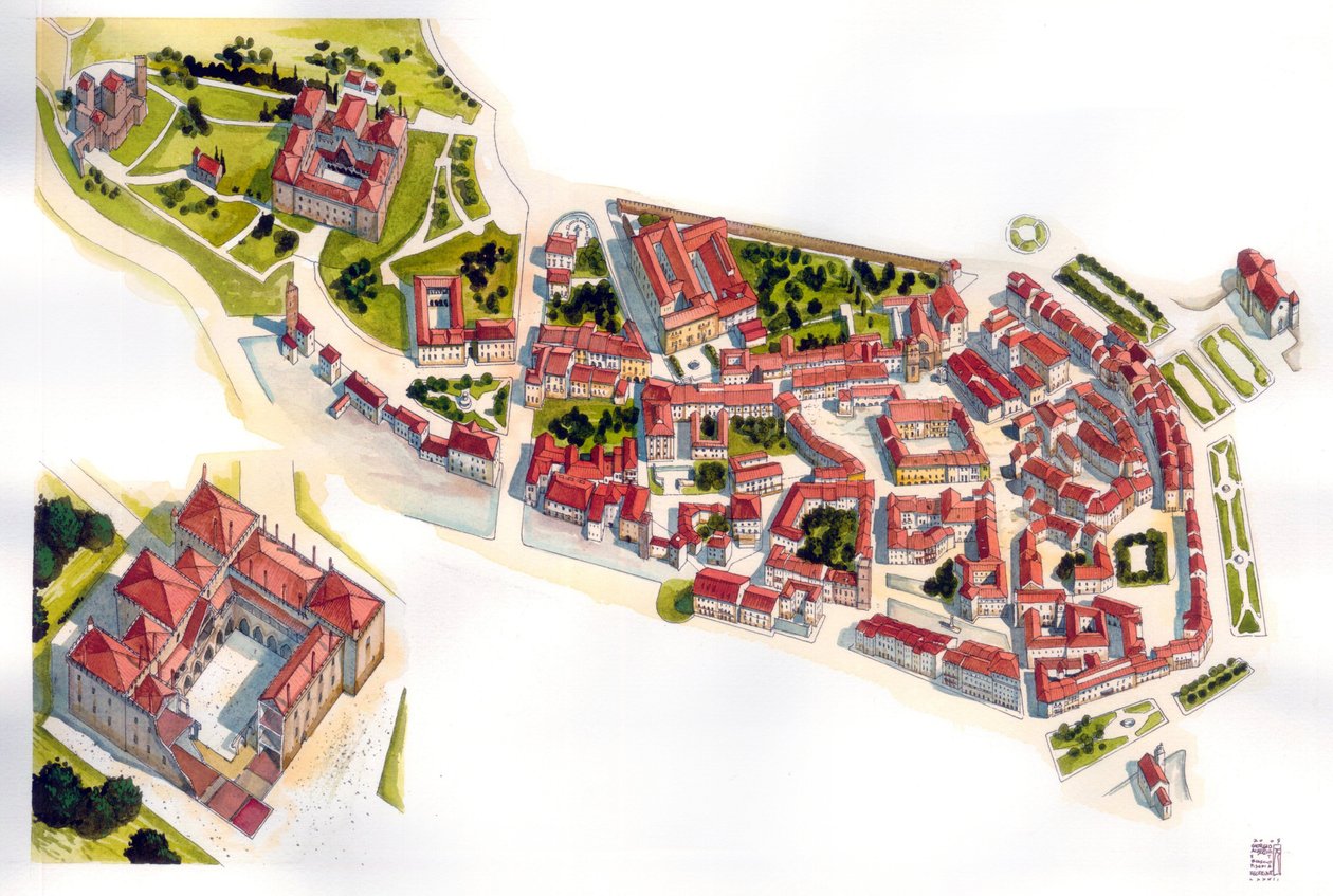 Guimaraes városának légi látképe: balra a 11. században épült vár és kolostor. Portugália. Illusztráció: Giorgio Albertini. (A szerző műveinek felhasználásához nem szükséges harmadik fél engedélye vagy t alkotó: Giorgio Albertini