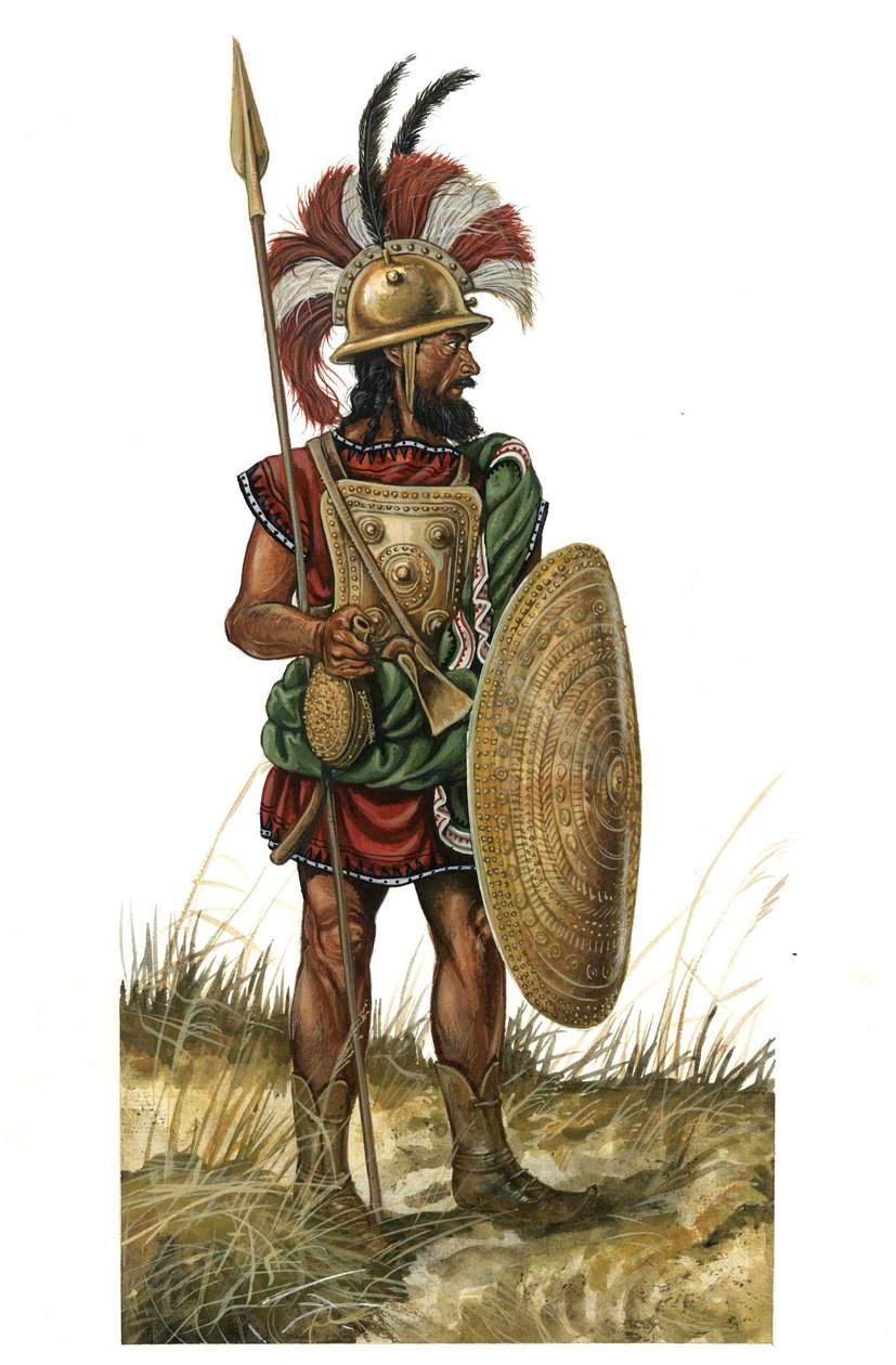 ókori Róma (archaikus Kr. e. 753-530): harci fegyver, sisak, pajzs, lándzsa ábrázolása (uralkodói korszak, Kr. e. 8. század). alkotó: Giorgio Albertini