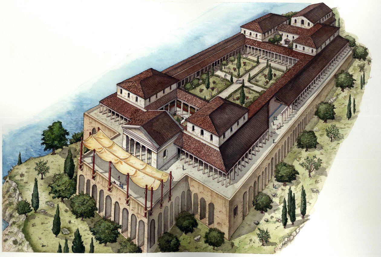 Ókori Róma: a római Catulle-villa vagy Cave di Catullo, az azonos nevű latin költő lakóhelye (Kr. e. 1. század) rekonstrukciója Sirmione környékén, a Garda-tó meridiális partján (lago di Garda). Olaszország. alkotó: Giorgio Albertini