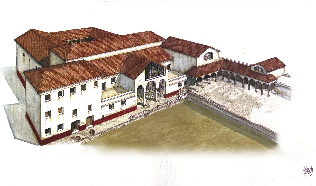 Az ókori Róma: az Ostia Antica (Ostia) városában található Villa des Lions (Casa ou domus dei Leoni) rekonstrukciója, Kr. e. 3. század. Olaszország Giorgio Albertini illusztrációja. (A szerző műveinek felhasználásához nem szükséges harmadik személy engedél alkotó: Giorgio Albertini