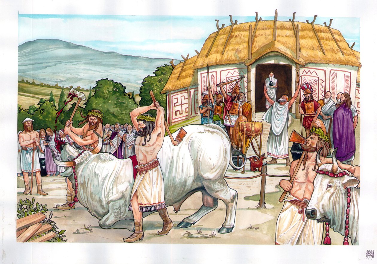 Az ókori Róma: áldozati szertartás Jupiter templomában az Albain (Albanus mons vagy Monte Albano) hegyen, Róma közelében. alkotó: Giorgio Albertini