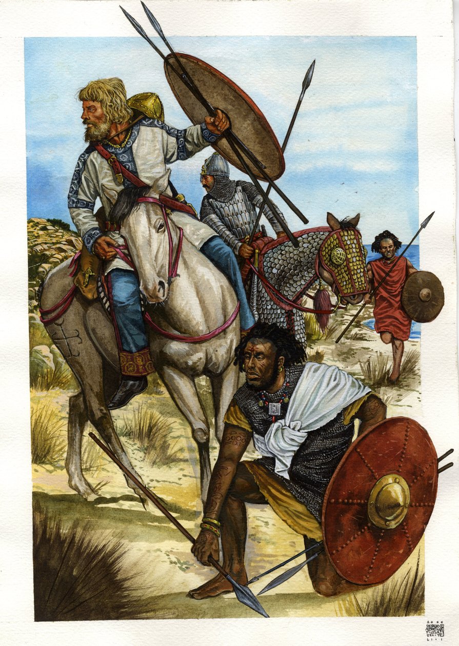 Barbár: egy alán harcos, egy vandál (szőke ló) és egy berber (alán katona, vandál és berber). alkotó: Giorgio Albertini