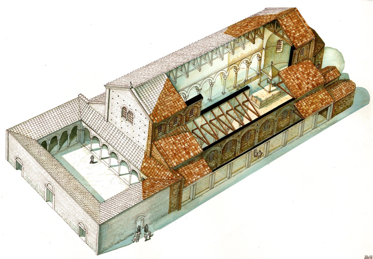Bizánci művészet: az I. Justinianus császár (482-565) által Ravennában (Ravenna) alapított Cabianca-bazilika rekonstrukciója. Olaszország alkotó: Giorgio Albertini