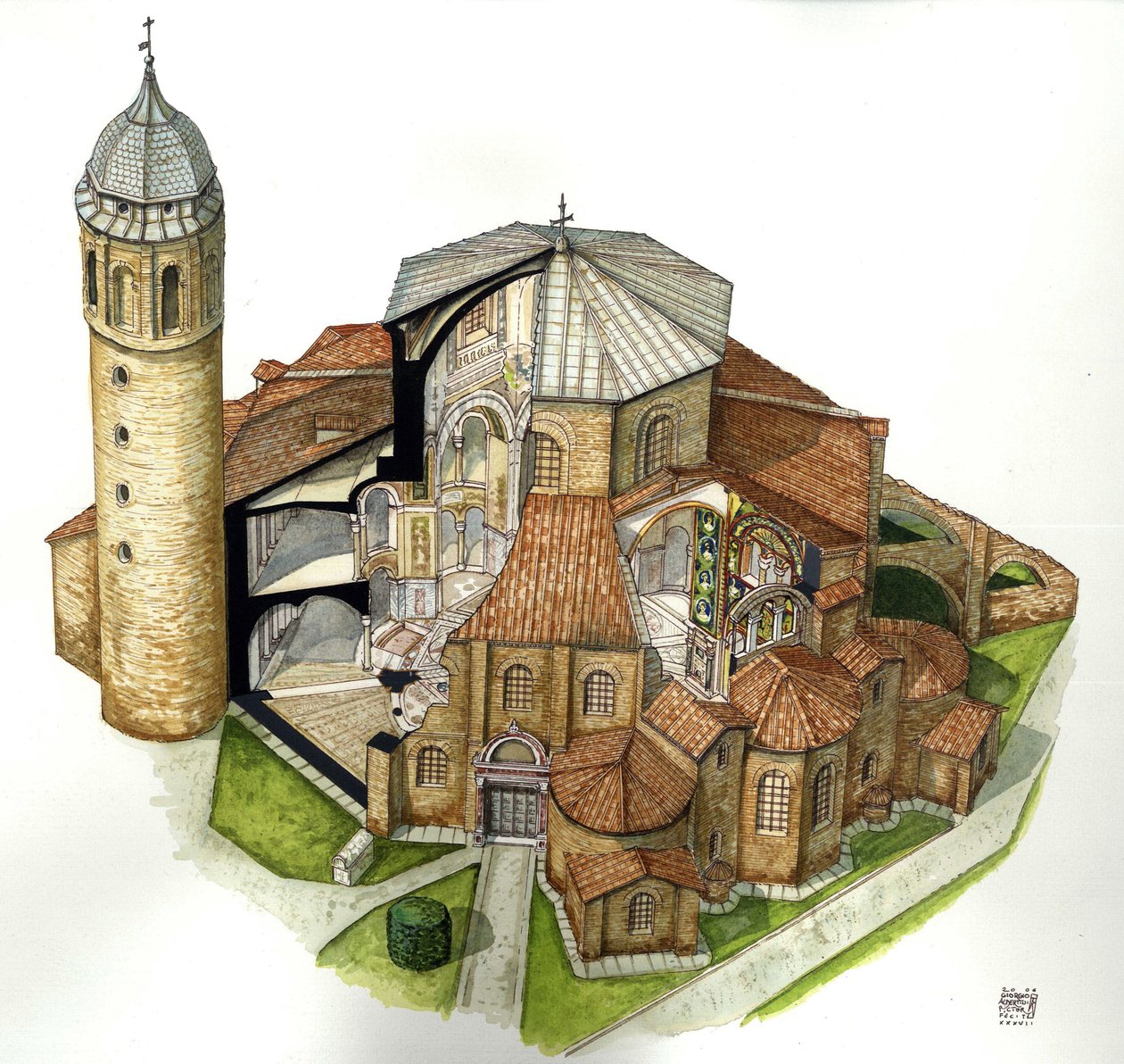Bizánci művészet: a ravennai (Ravenna) Szent Vitál (Szent Vitál vagy San Vitale) bazilika ábrázolása az 5. században. Levegőnézet a belső tér megtekintéséhez szükséges vágásokkal. Olaszország Giorgio Albertini illusztrációja. (A szerző műveinek felhasználá alkotó: Giorgio Albertini