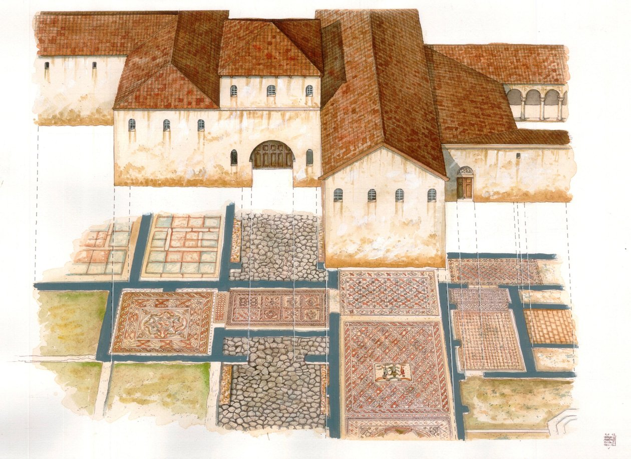 Bizánci művészet: a 6. századi ravennai (Ravenna) kőszőnyegek (dei tappeti di pietra) Domus helyének látványa, amely egy bizánci palota mozaikjaiból áll. alkotó: Giorgio Albertini