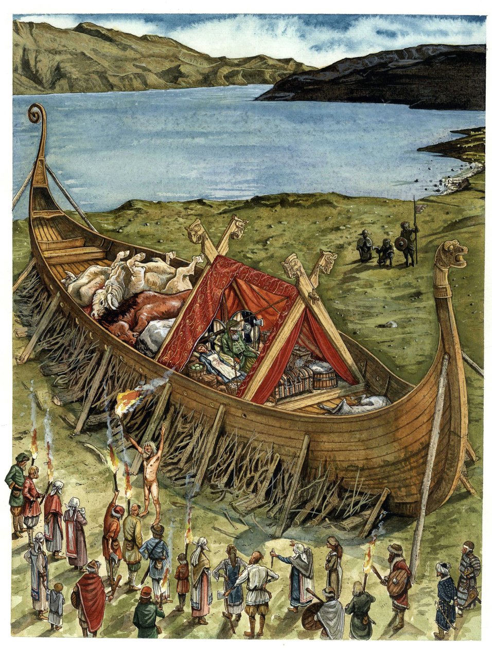 A vikingek temetési szertartása, az elhunytat egy feláldozott állatokkal és a temetési felszerelés tárgyaival megtöltött, elhamvasztásra váró, bukott csónakba (drakkar) helyezik. 10. század alkotó: Giorgio Albertini