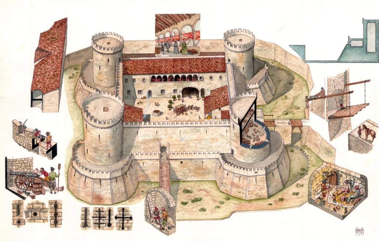 A Pirro del Balzo által 1470-ben épített Venosa aragóniai várának légi látképe, Potenza közelében, Basilicatában, Olaszországban A csészék lehetővé teszik, hogy a börtönként szolgáló tornyok celláiban lévő foglyokat láthassa. A részletképek a katonákat mut alkotó: Giorgio Albertini