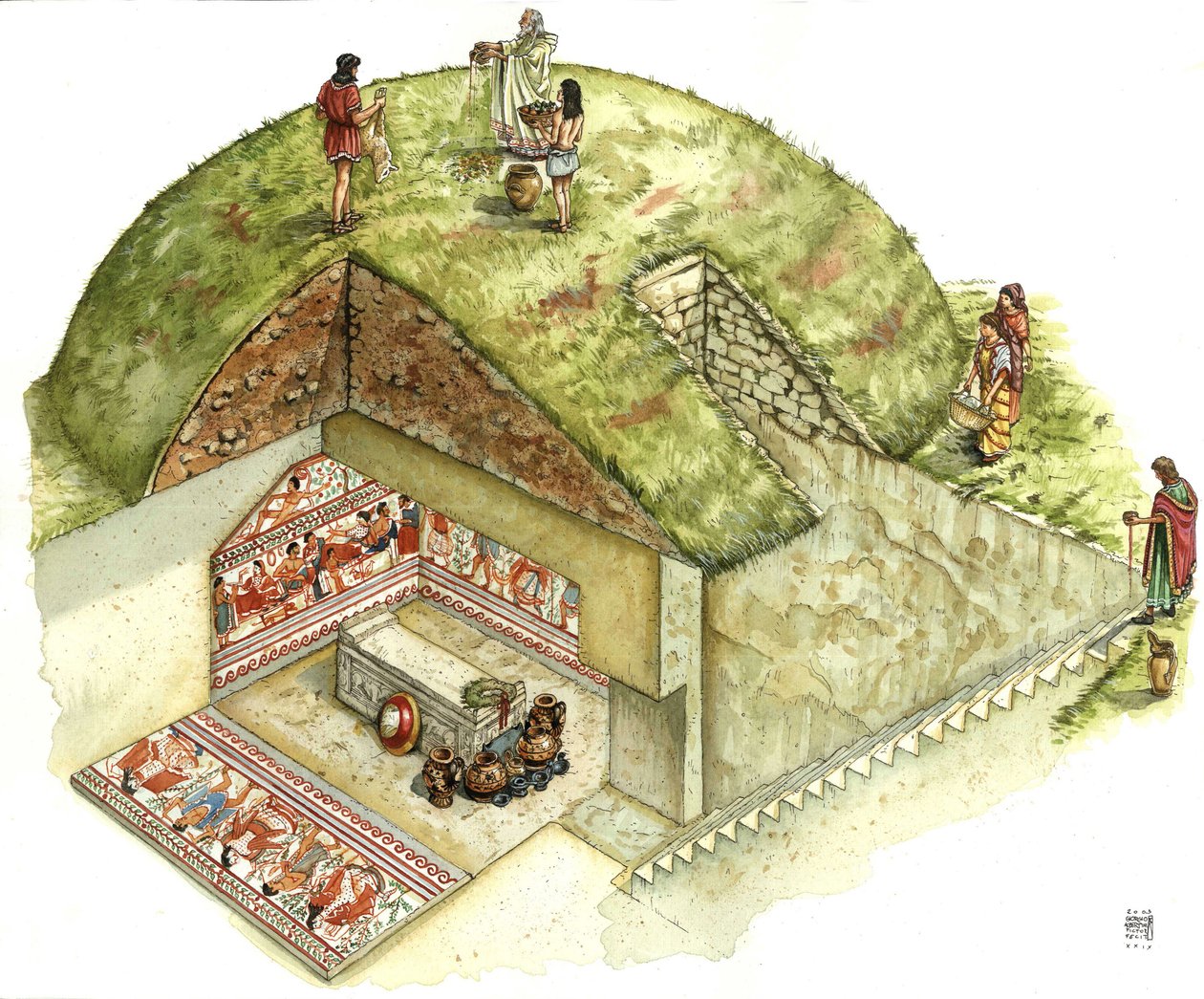 Etruszk civilizáció: a tarquiniai nekropolisz Triclinio (triclinium) sírjának rekonstrukciója és metszete. Kr. e. 5. század Olaszország Giorgio Albertini illusztrációja. alkotó: Giorgio Albertini