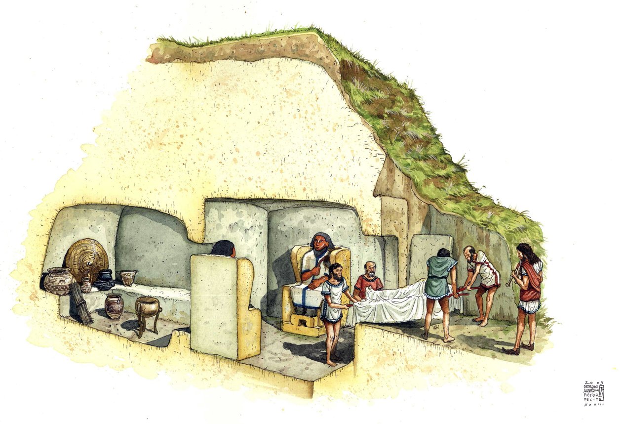 Etruszk civilizáció: a szobrok sírjának rekonstrukciója és vágása, Ceri nekropolisza. Kr. e. 7. század Olaszország Giorgio Albertini illusztrációja. alkotó: Giorgio Albertini