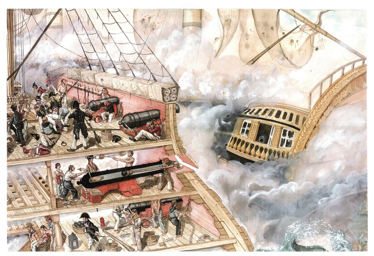 Napóleoni háború: a trafalgari csata, amelyet 1805. október 21-én vívtak a Villeneuve admirális által vezetett francia-spanyol flotta és a Nelson ellentengernagy által vezetett brit flotta között. A hajó keresztmetszete, amely a hajó belsejét mutatja, s alkotó: Giorgio Albertini