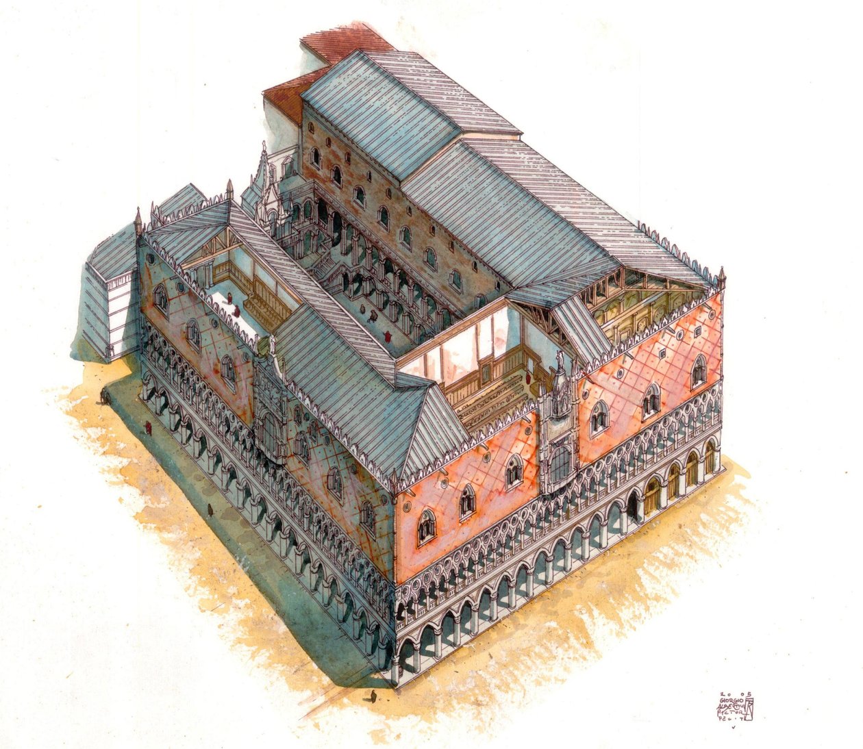 Középkor: a velencei Szent Márk téren álló dózsepalota (vagy hercegi palota vagy Palazzo Ducale) légifelvétele és építészeti metszete a 15. században. Olaszország alkotó: Giorgio Albertini