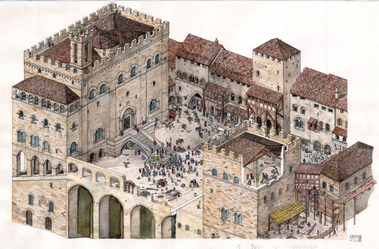 Középkor: Gubbio (Umbria) városának központi tere a 14. századi Olaszországban. Balra látható a konzulok palotája. alkotó: Giorgio Albertini