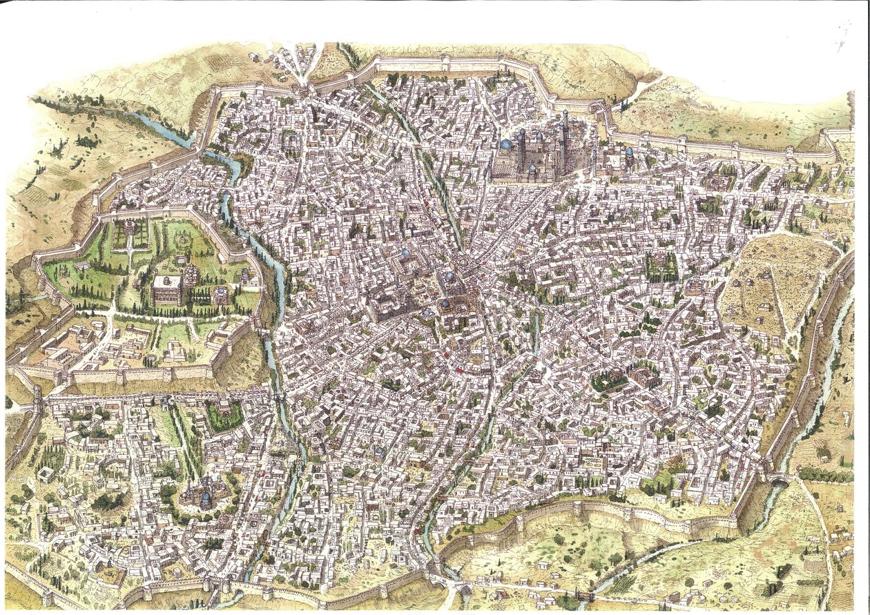 Középkor: Szamarkand (Samarkand) városának részletes légifelvétele, láthatóak a bástyák, Üzbegisztánban a mongol Chaybanid dinasztia idején. 1450 körül Közép-Ázsiában. Illusztráció: Giorgio Albertini. (A szerző műveinek felhasználása alkotó: Giorgio Albertini