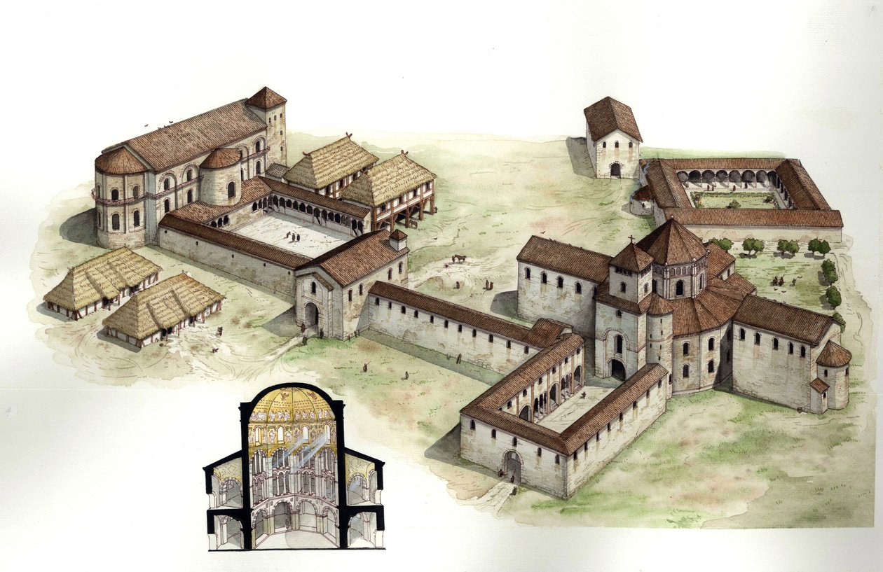 Középkor: áttekintés és keresztmetszet Nagy Károly (kb. 742-814) palotájának rekonstrukciója, amelyet Eudes de Metz építész 794 körül Aachenben (Aachen) Németországban valósított meg. Illusztráció: Giorgio Albertini. (A szerző műveinek felhasználása nem tá alkotó: Giorgio Albertini