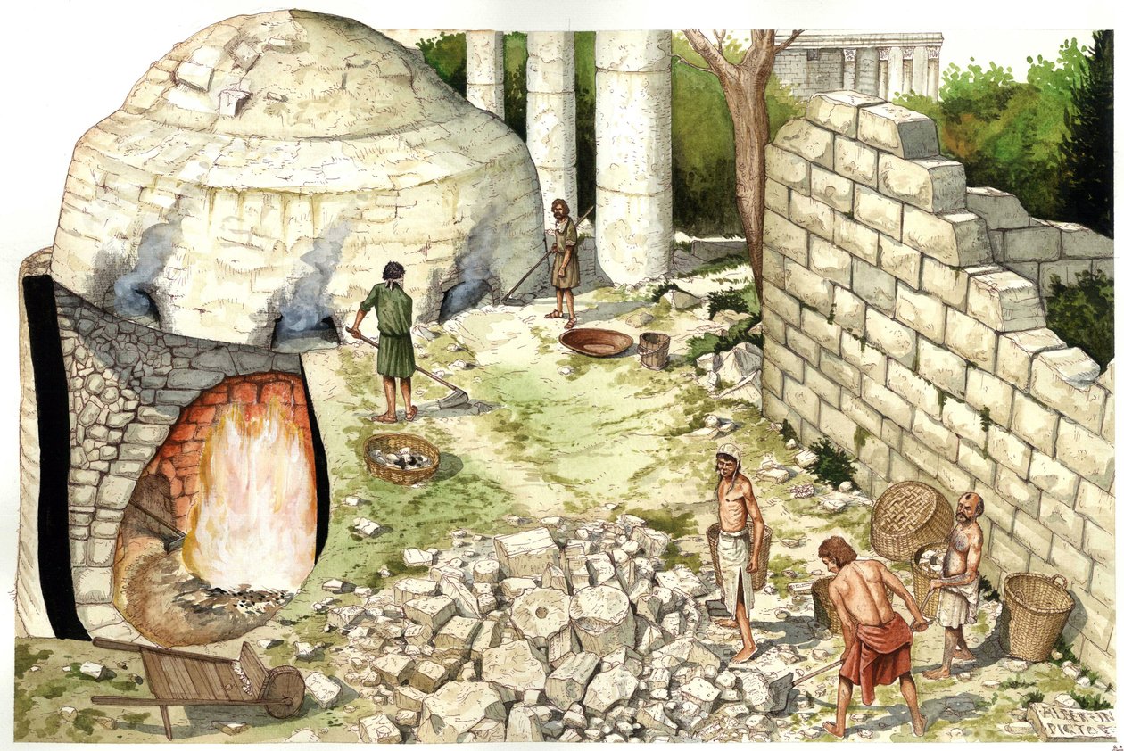 Középkor: mészégető kemence (chaufour) újjáépítése, a munkások mészkövet dolgoznak. Illusztráció: Giorgio Albertini. (A szerző műveinek felhasználása nem függ harmadik fél engedélykérésétől vagy további díjak megfizetésétől). alkotó: Giorgio Albertini