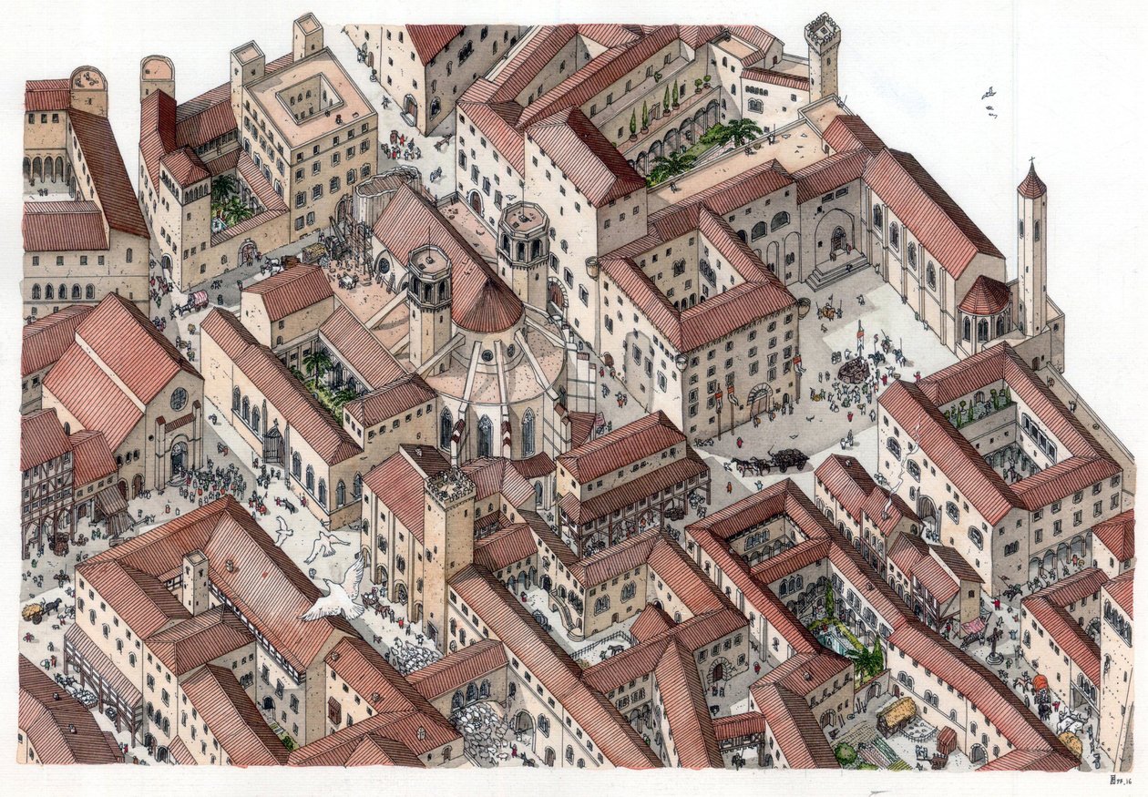 Középkor: a történelmi Barri Gotic (barrio gotico) negyed újjáalakulása Barcelonában a 14. században. Látható a Cathedrale Sainte-Eulalie (Szent Eulália katedrális). Spanyolország Giorgio Albertini illusztrációja. (A szerző műveinek felhasználása nem enged alkotó: Giorgio Albertini