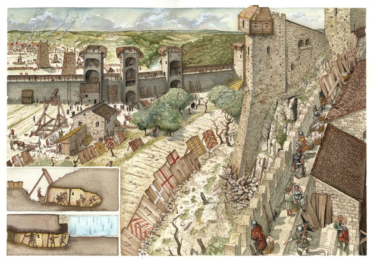 Középkor: a Róma melletti Viterbo (Viterbo) városának ostroma, amelyet a pápa támogatói, a Guelfek és a Gibelinek, II. hohenstaufeni Frigyes császár (1194-1250) seregének támogatói áhítottak 1240-ben. Olaszország. Balra lent a következő leírás található alkotó: Giorgio Albertini