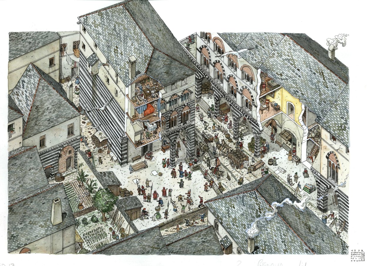 Középkor: a genesi kereskedő nemesség palotájának (Curia vagy curia) látképe a 15. században, utcai jelenetek, Olaszország Giorgio Albertini illusztrációja. alkotó: Giorgio Albertini