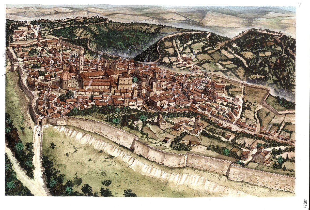 Középkor: Volterra középkori, bástyákkal körülvett városának látképe a 14. században. Toszkána. Olaszország Giorgio Albertini illusztrációja. (A szerző műveinek felhasználásához nem szükséges harmadik fél engedélye vagy t alkotó: Giorgio Albertini