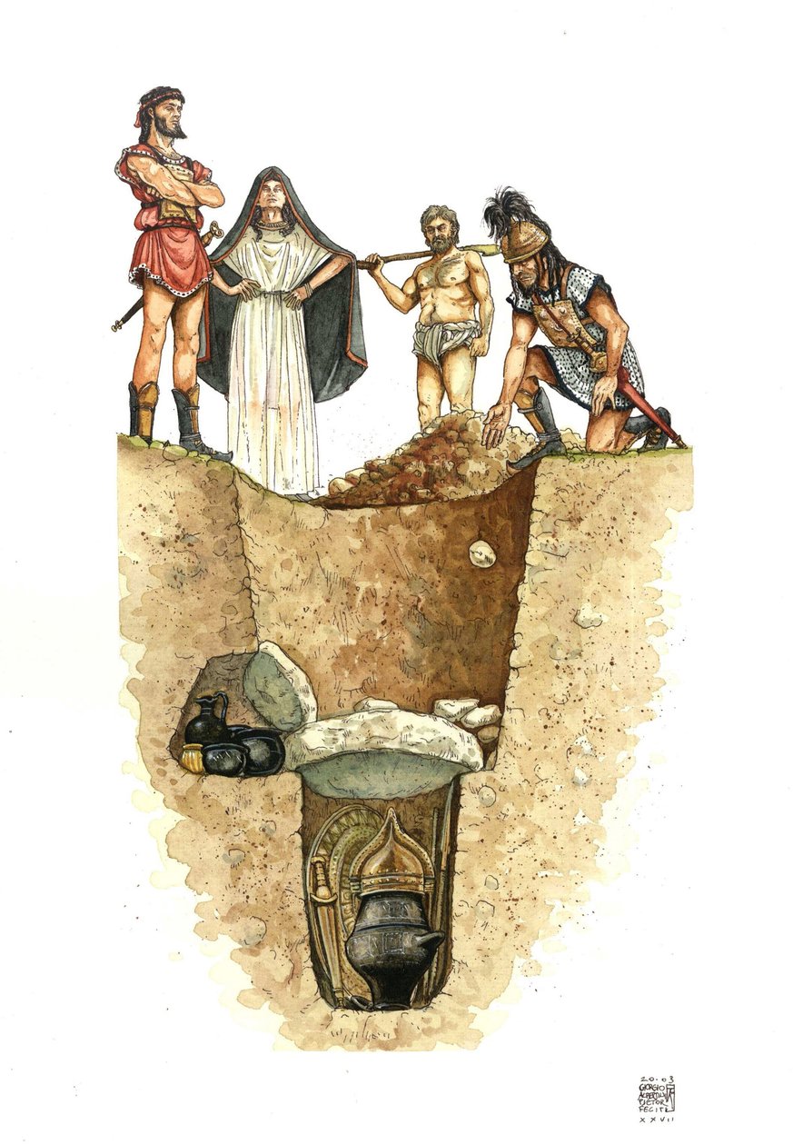 Neolitikum: egy villanovai sír (villanovai kultúra) vágása, az elhunytak hamvait tartalmazó urnákat kutakba (pallóföldekbe) temették, Kr. e. 8. század. Etruria, Olaszország alkotó: Giorgio Albertini