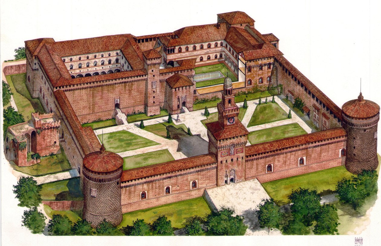 Francesco Sforza herceg által a 15. században épített Sforza-kastély (Castello Sforzesco) várának áttekintése az olaszországi Milánóban. alkotó: Giorgio Albertini