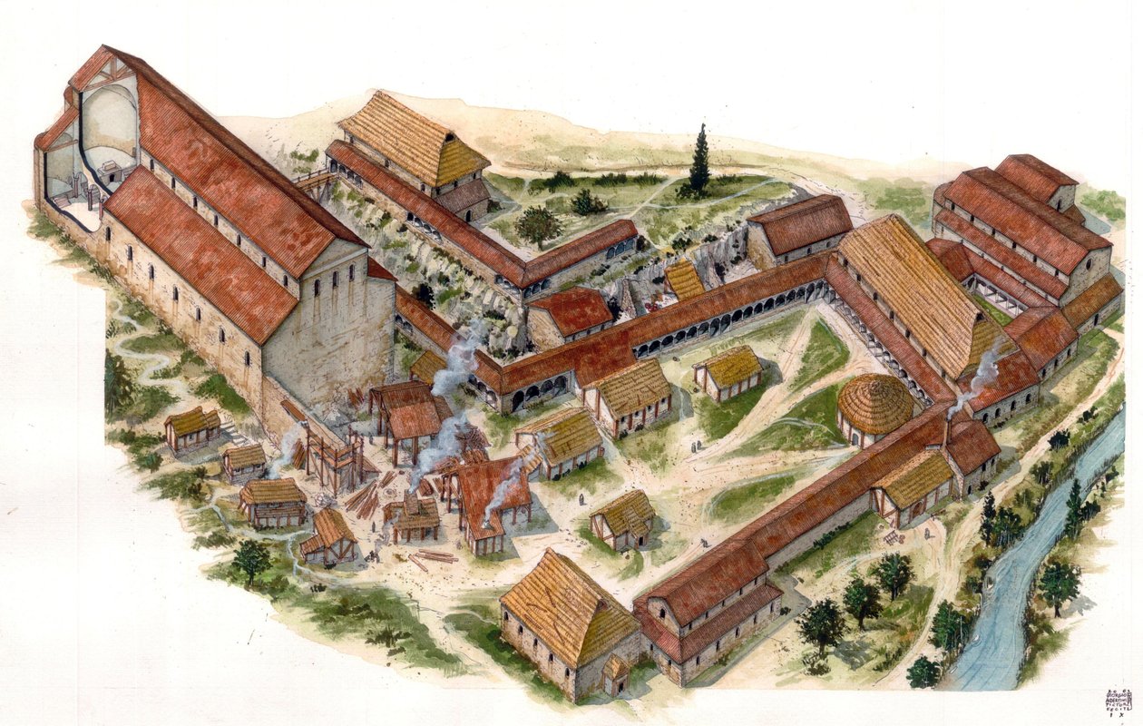 Preromán művészet: a 8. században alapított Volturne-i Szent Vince (Szent Vince) bencés kolostor (Abbadia di San Vincenzo al Volturno) légi látképe. Castel san Vincenzo, Olaszország Giorgio Albertini illusztrációja. (A szerző művének felhasználása alkotó: Giorgio Albertini