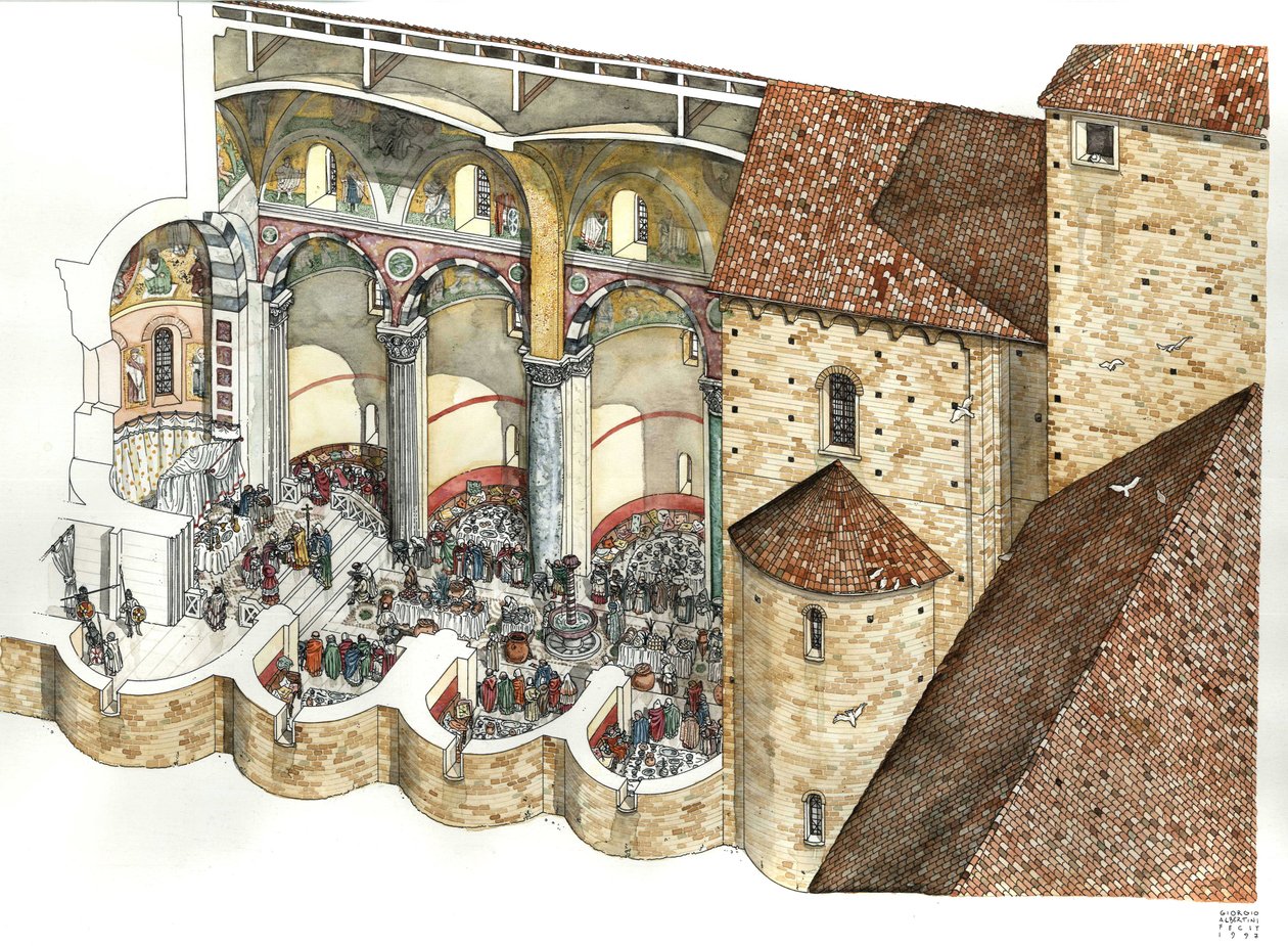 A Lateráni Szent János-bazilika (Lateráni Szent János vagy San Giovanni in Laterano) rekonstrukciója a 8. században: az építészeti kupa lehetővé teszi a triclinium és a pápai beiktatási szertartás megtekintését. Róma alkotó: Giorgio Albertini