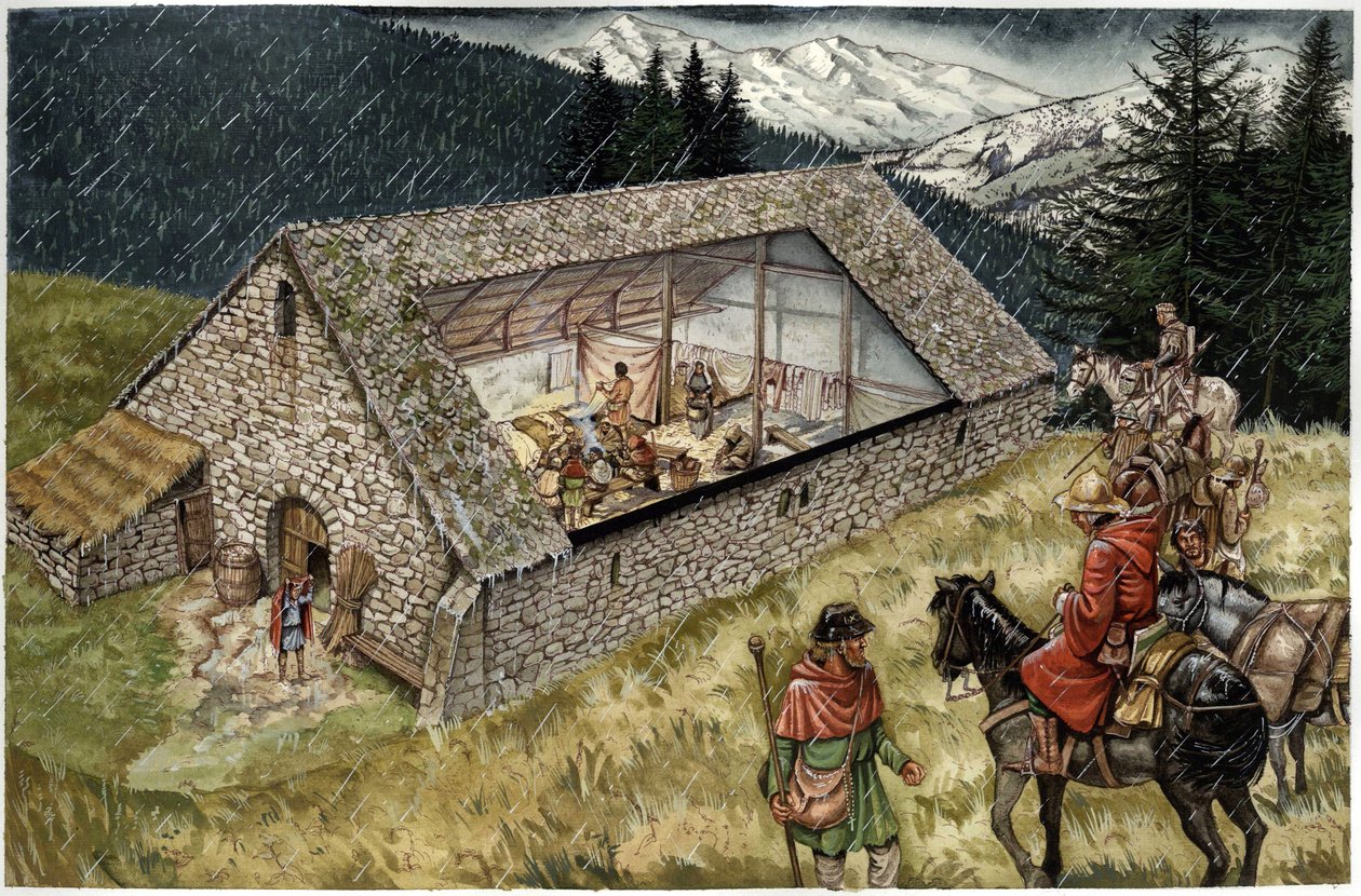 Egy pelerin kórház (hospice vagy menedékház) rekonstrukciója Moncenisióban (Montcenis) az Alpokban, Olaszországban. alkotó: Giorgio Albertini