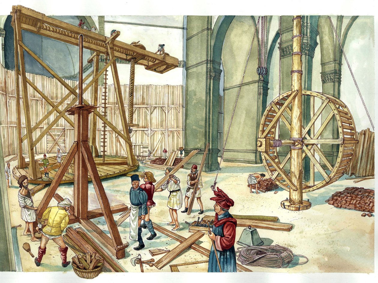 Reneszánsz: a Santa Maria del Fiore templom (Duomo) kupolájának rekonstrukciója Filippo Brunelleschi építész tervei alapján. 1436. Firenze Olaszország Giorgio Albertini illusztrációja. (A szerző műveinek felhasználása nem megengedett. alkotó: Giorgio Albertini