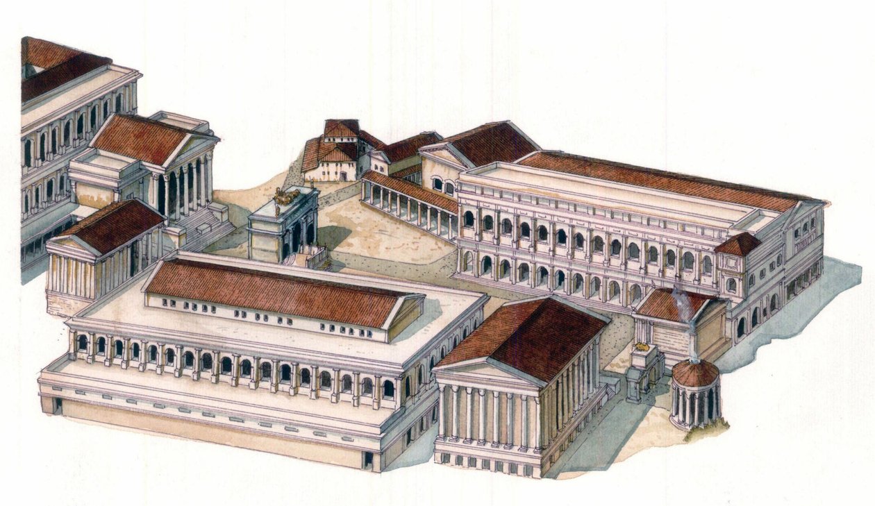 Roman antiquite: a római fórum (foro romano) újjáépítése Augustus császár (Caius Julius Caesar Octavianus Augustus) idején (Kr. e. 63-14). alkotó: Giorgio Albertini