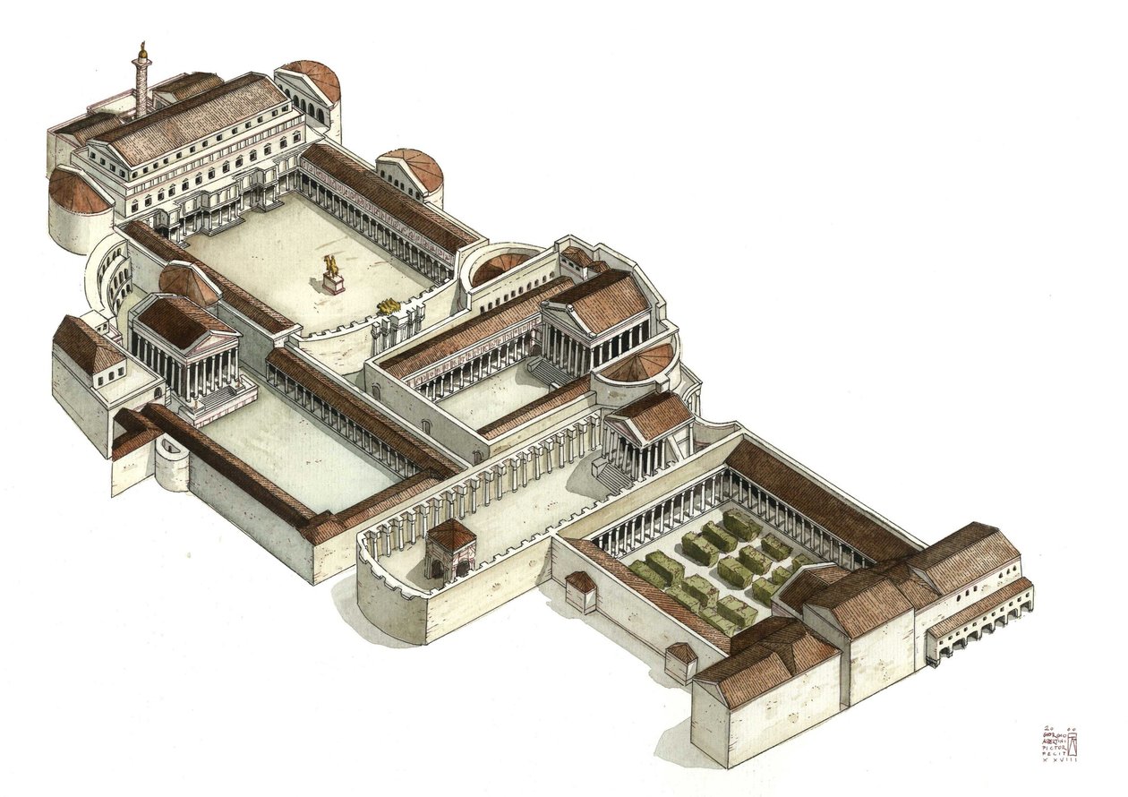 Római antikvitás: Traianus fórumának (foro di traiano) rekonstrukciója a Kr. u. 3. században, Róma. Olaszország. alkotó: Giorgio Albertini