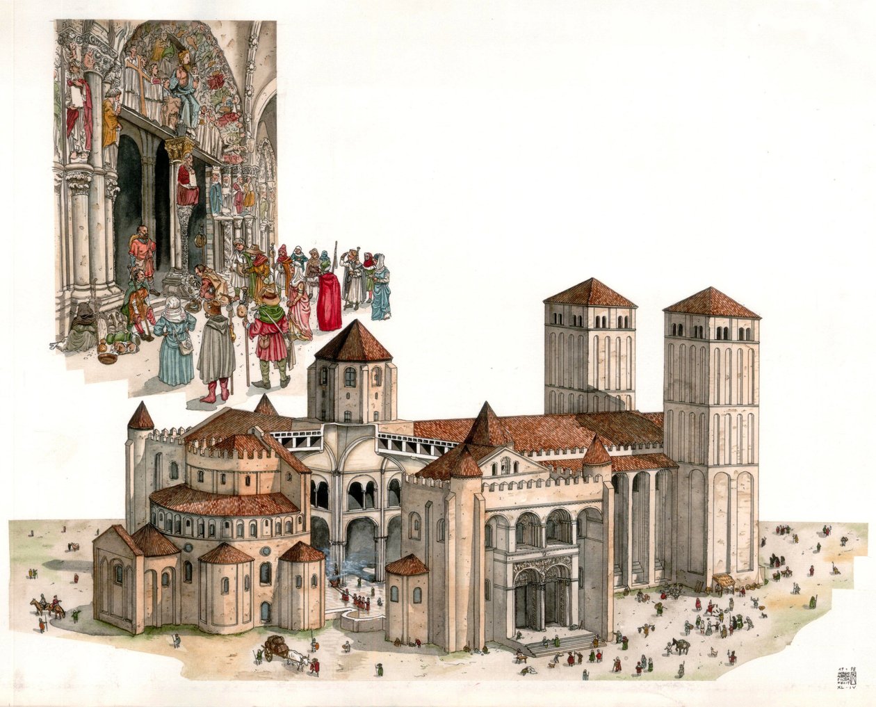 A román művészet: a 11-12. században épült Santiago de Compostela-i székesegyház áttekintése a spanyolországi Santiago de Compostelában. alkotó: Giorgio Albertini