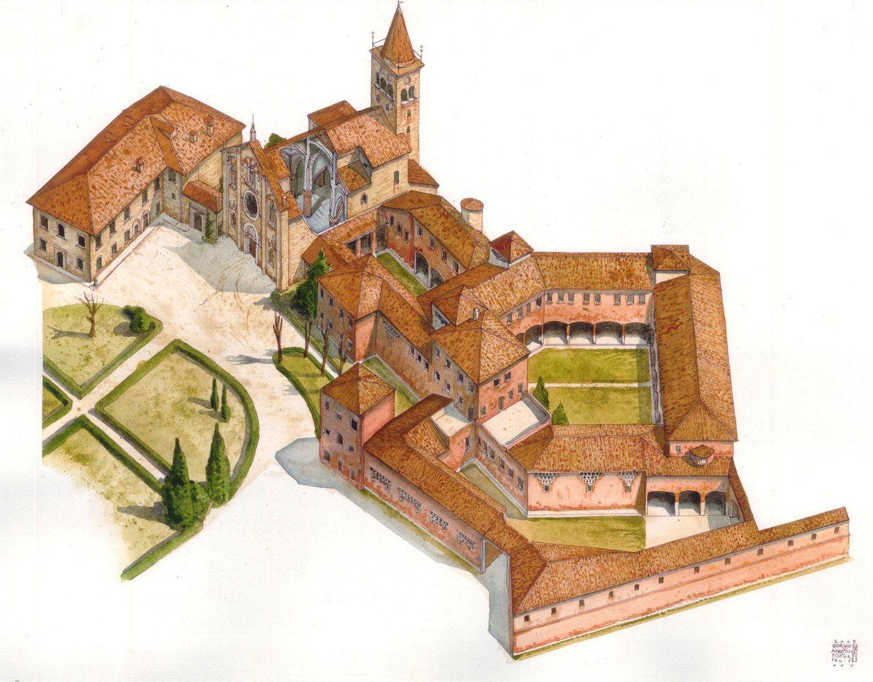 Romanogótikus művészet: az 1176 és 1348 között épült Viboldone apátság szerkezetének légi látképe San Giuliano Milanese-ben, Milánó közelében, Olaszország Illusztráció: Giorgio Albertini. (A szerző műveinek felhasználása nem engedélyköteles. alkotó: Giorgio Albertini