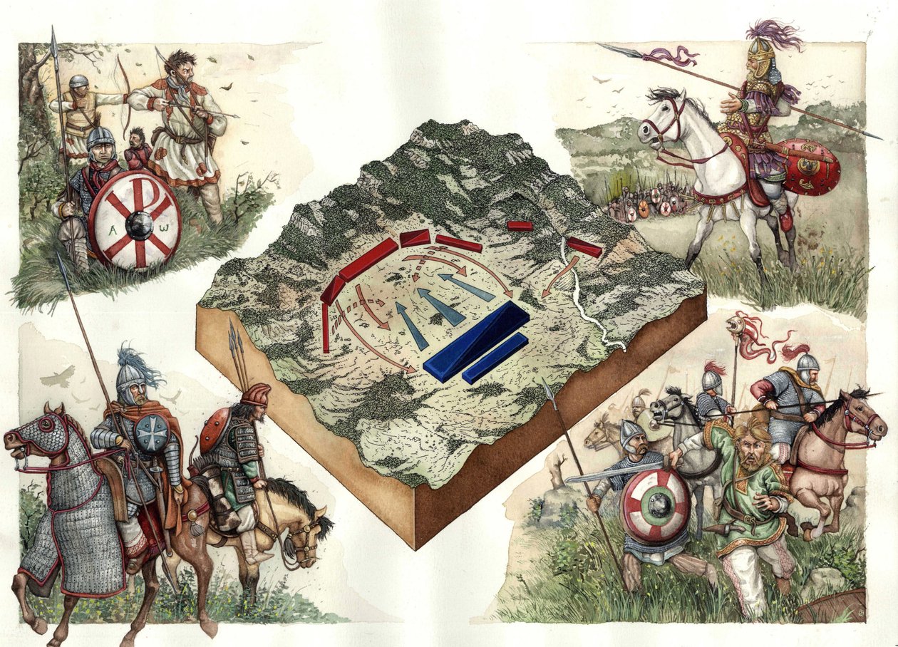 Gót háború (535-553) a bizánciak és az ostrogótok között: 552 júliusában a taginae-i csata, amely lehetővé tette Jusztiniánusz bizánciak számára, hogy Ravennából Rómába vonuljanak. alkotó: Giorgio Albertini