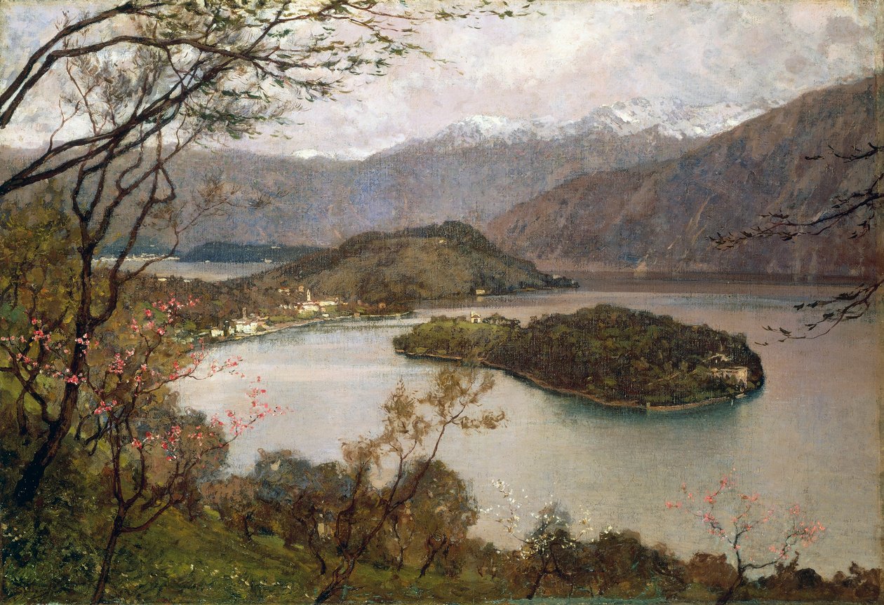Kilátás a Comói-tó Comacina-szigetére, Giorgio Belloni (1861-1944), olaj, vászon, 69,5x100 cm alkotó: Giorgio Belloni