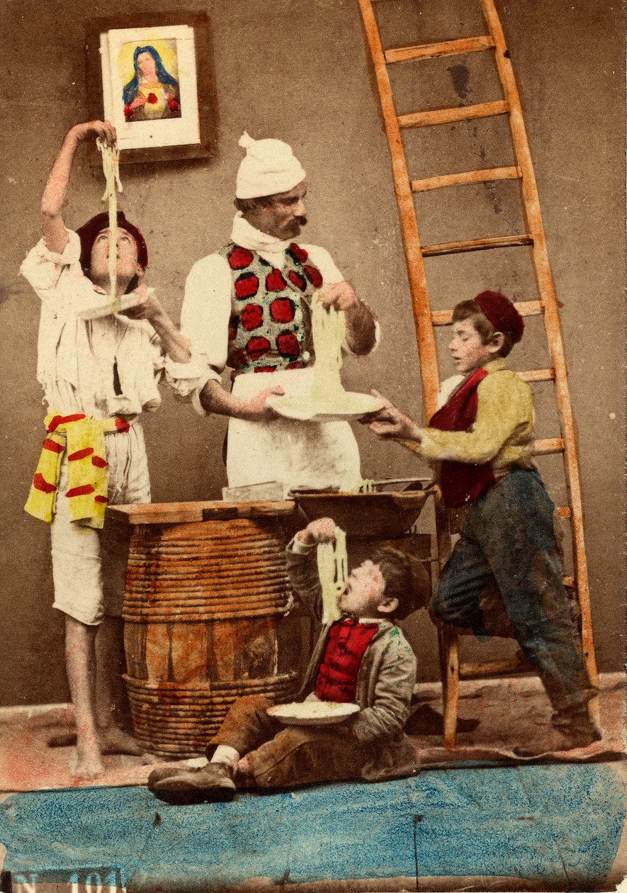 A gyerekek kézzel eszik a spagettit, Nápoly, 1865 körül (nyomtatás dupla súlyú papírra) alkotó: Giorgio Conrad