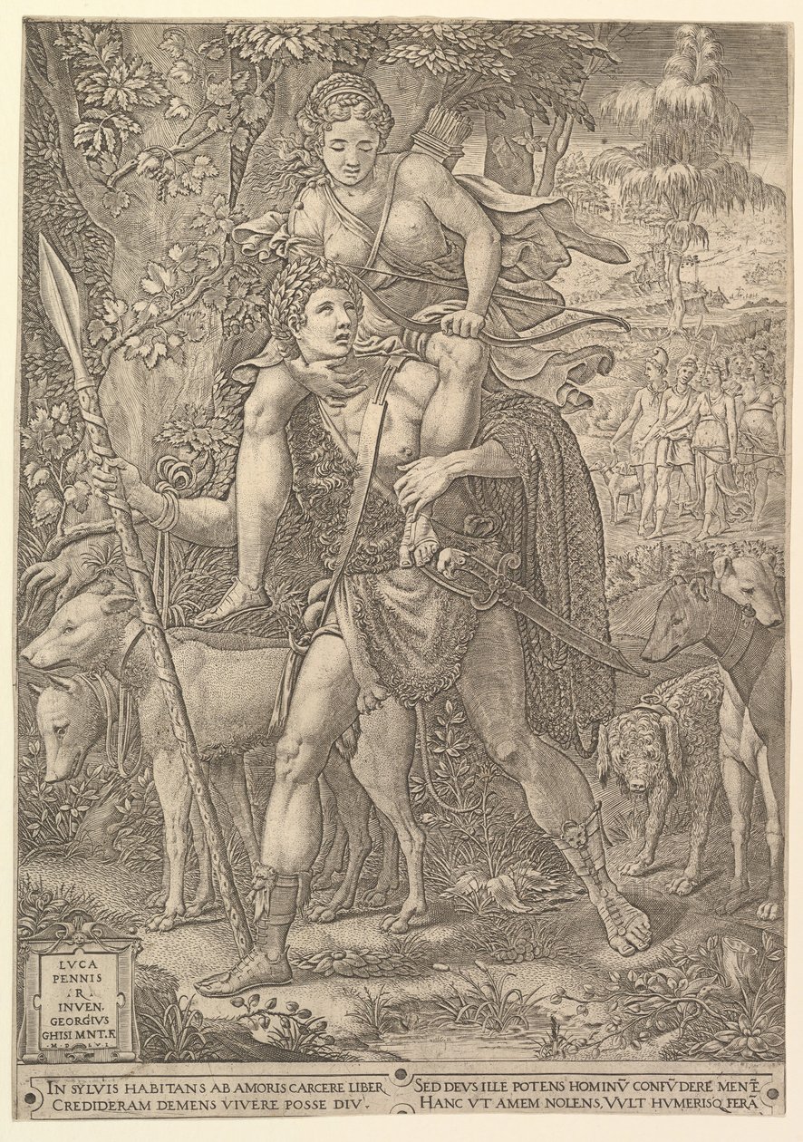 A vadászat allegóriája, egy vadász, aki egy nagy lándzsát tart, és egy nőt, Dianát visz a shou..., 1556. alkotó: Giorgio Ghisi