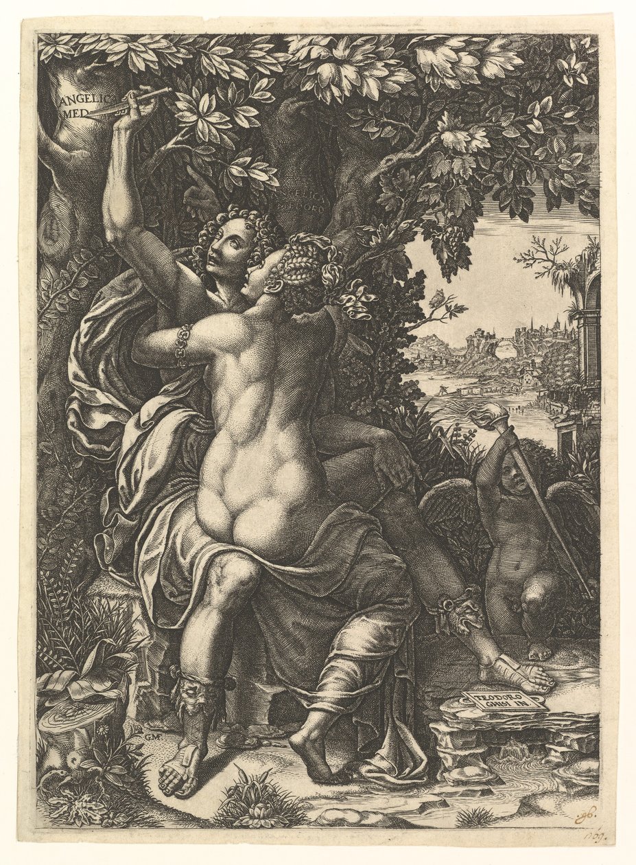 Angelica és Medoro, az ölelkező pár, Medoro a nevüket egy..., kb. 1570. alkotó: Giorgio Ghisi