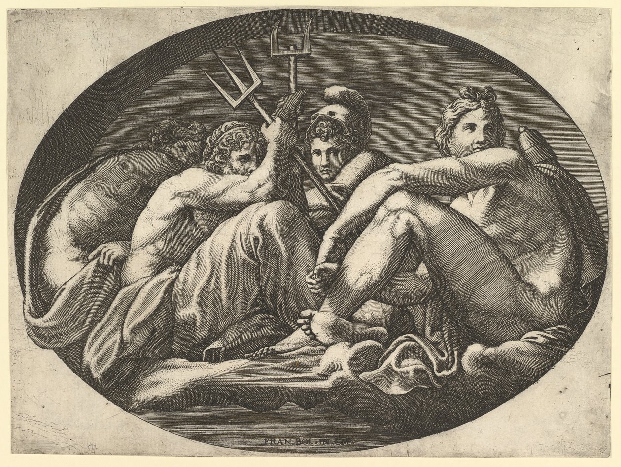 Plútó, Neptunusz, Minerva és Apollo, egy nyolc kompozícióból álló sorozatból, Francesco P... után, 1560-as évek. alkotó: Giorgio Ghisi