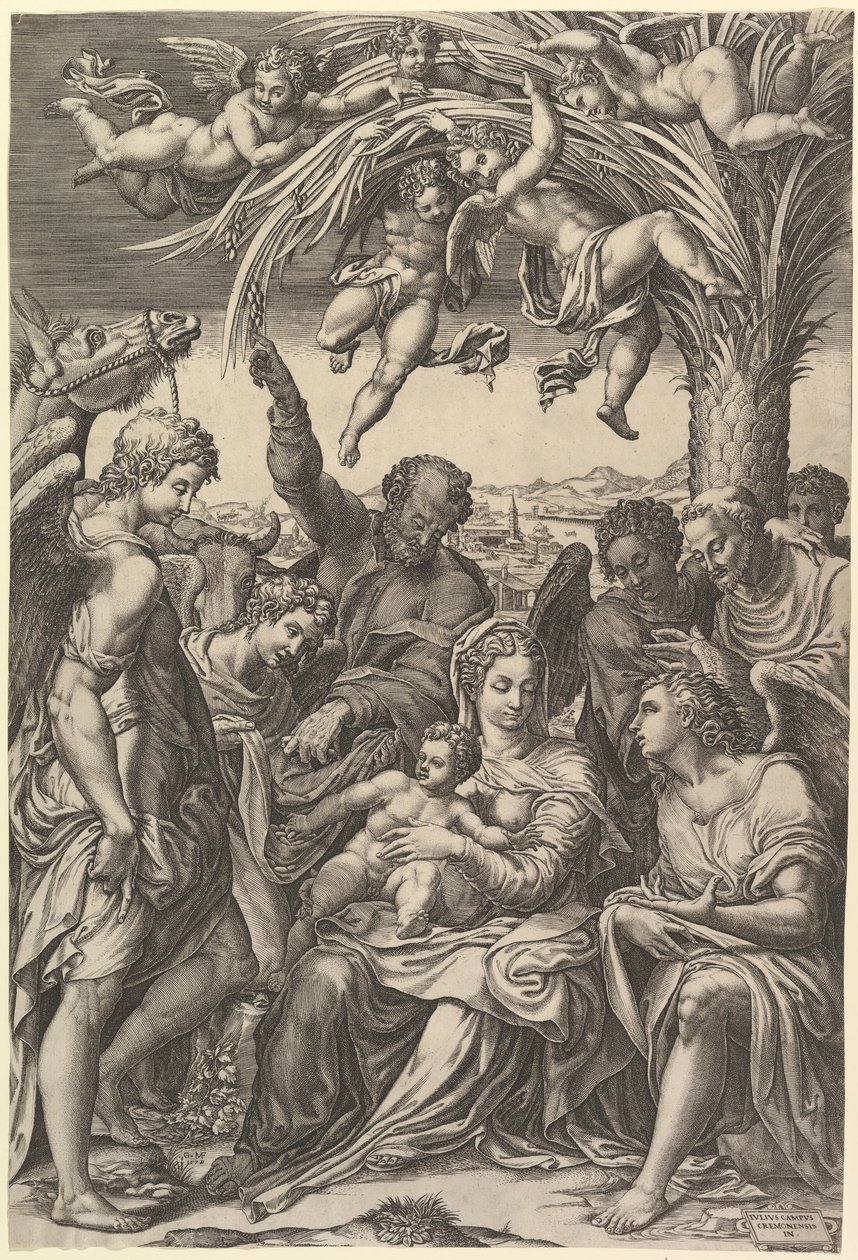 Pihenjen az Egyiptomba, a Szent Család egy pálmafa alatt, angyalokkal körülvéve, 1578-ban. alkotó: Giorgio Ghisi