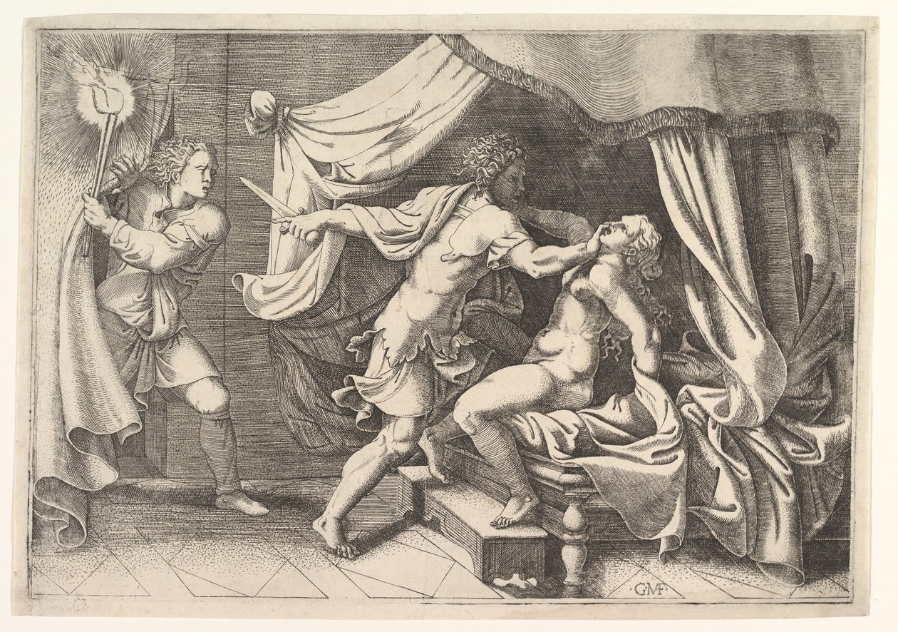 Tarquin megtámadja Lucretiát, a bal oldali szolgát, aki szemtanúja volt a jelenetnek, kb. 1540. alkotó: Giorgio Ghisi