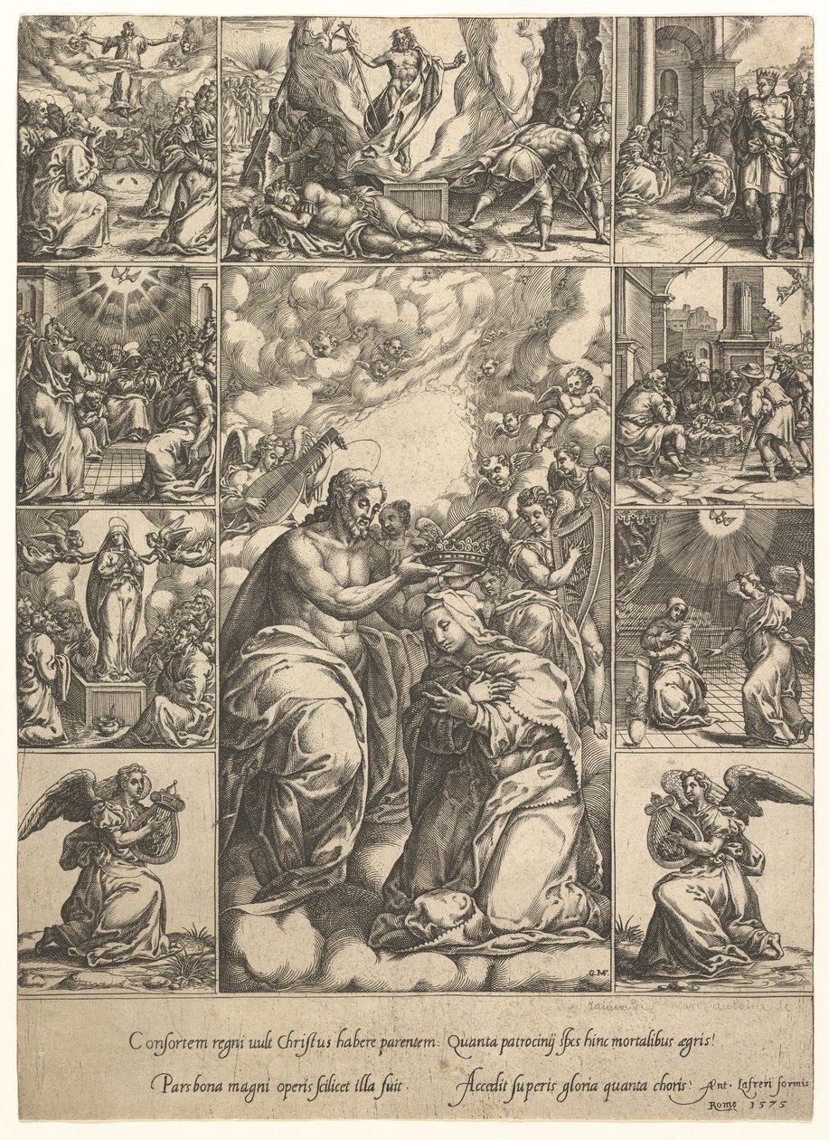 A Szűz koronázása, amelyet kilenc matrica vesz körül... életének jeleneteivel, 1575-re. alkotó: Giorgio Ghisi