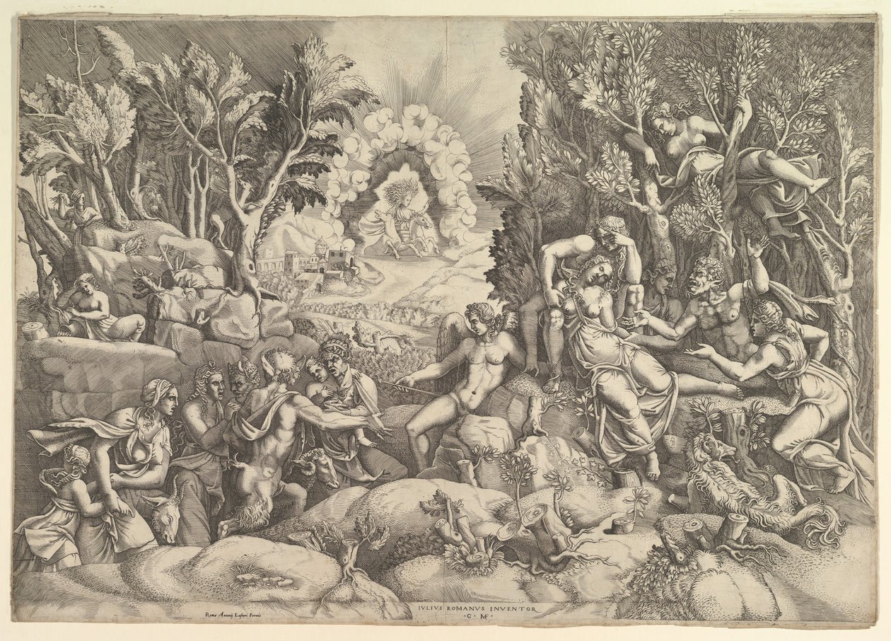 Prokrisz halála, Cephalus gyászolja Prokrisz halálát a jobb oldalon körülvéve..., kb. 1540. alkotó: Giorgio Ghisi