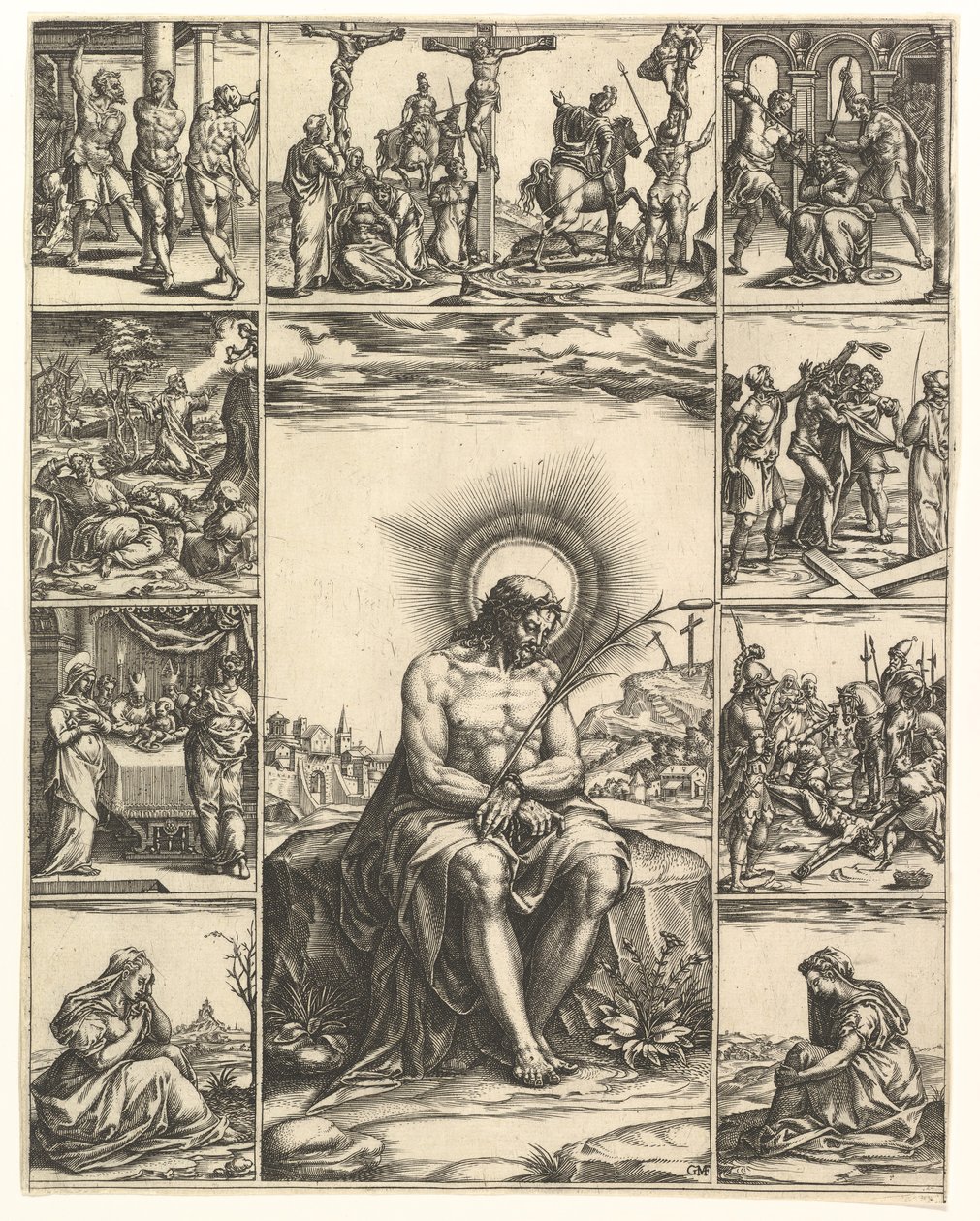 A Fájdalmak embere, Krisztus képe, amelyet kilenc matrica vesz körül, amelyek... jeleneteit ábrázolják, 1575-re. alkotó: Giorgio Ghisi