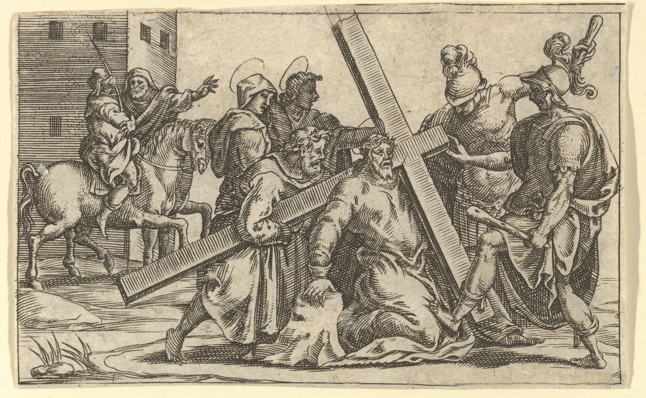 A Fájdalmak Szűza: keresztet hordozó Krisztus, az egyik a kilenc környező f... rekesz közül, 1575-re. alkotó: Giorgio Ghisi