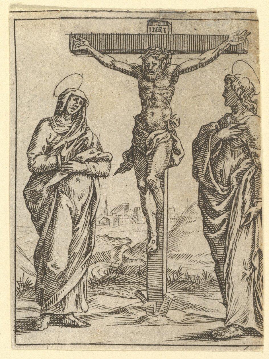 A Fájdalmak Szűze: A keresztre feszítés, egyike a kilenc környező rekesznek az V...-ből, 1575-re. alkotó: Giorgio Ghisi